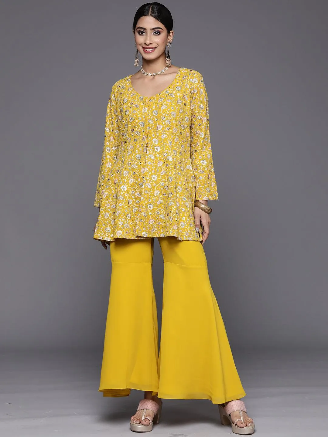 Mustard Embellished Georgette Tunic With Sharara