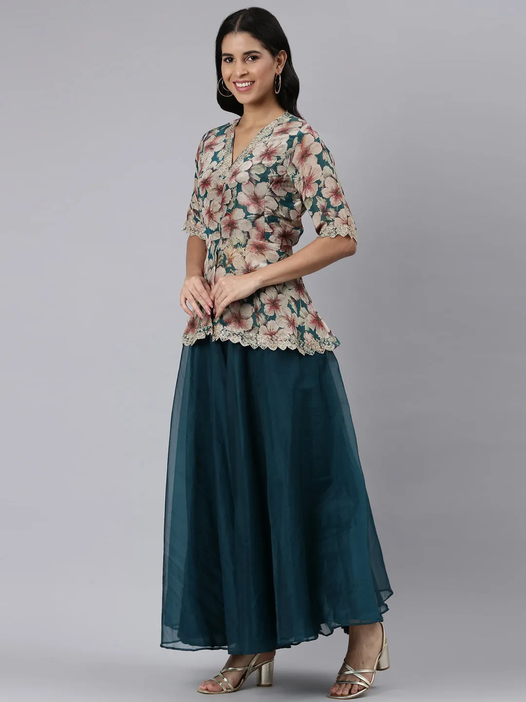 Neerus Blue Regular Asymmetric Printed Kurti and Skirt