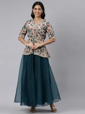 Neerus Blue Regular Asymmetric Printed Kurti and Skirt