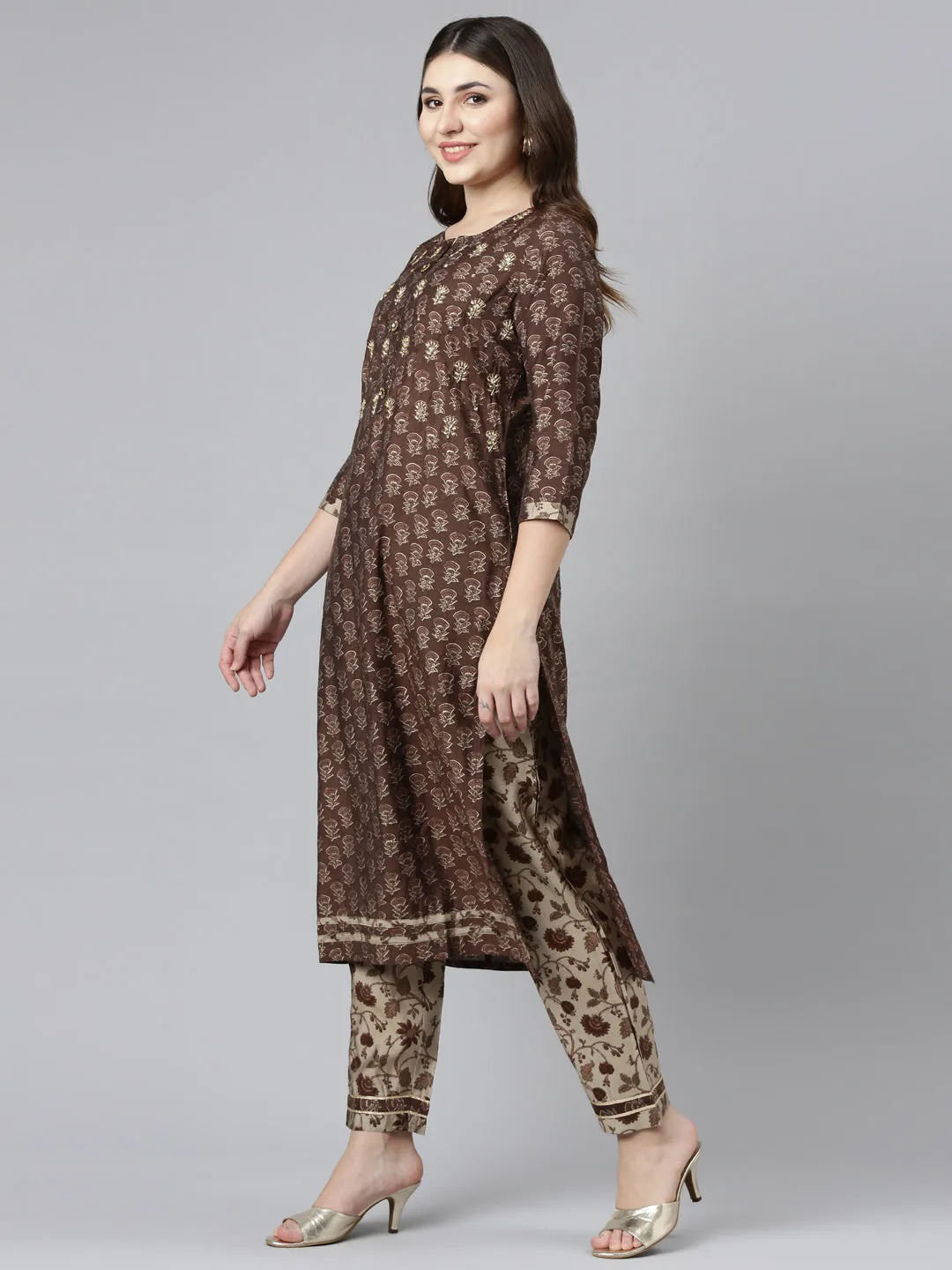 Neeru's Brown Regular Straight Printed Readymade suits