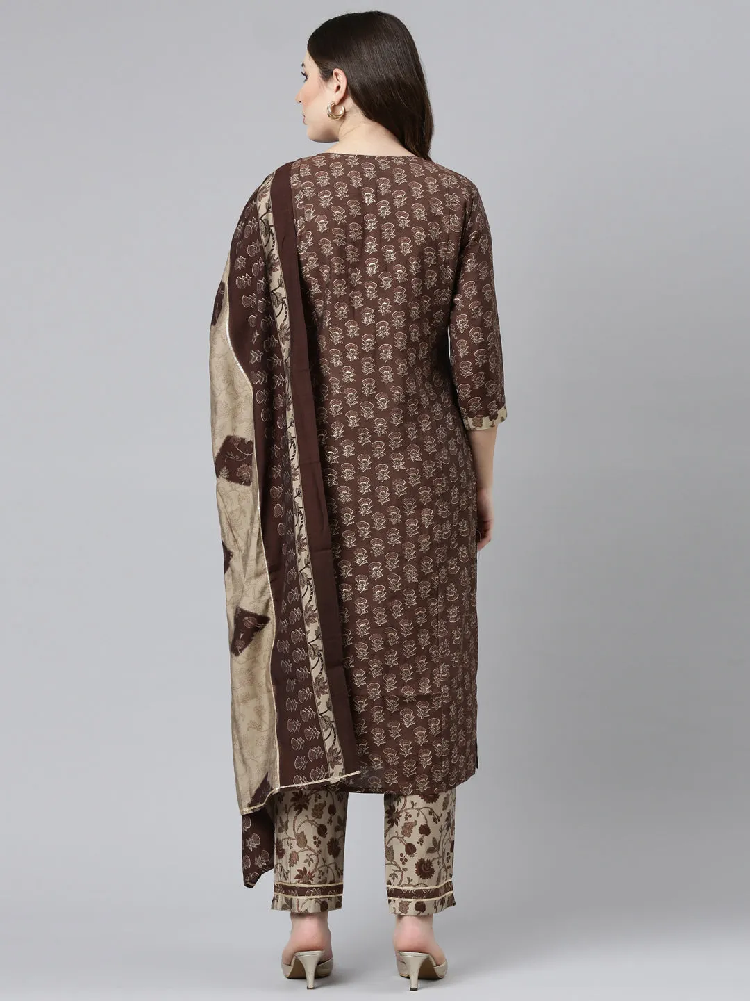 Neeru's Brown Regular Straight Printed Readymade suits