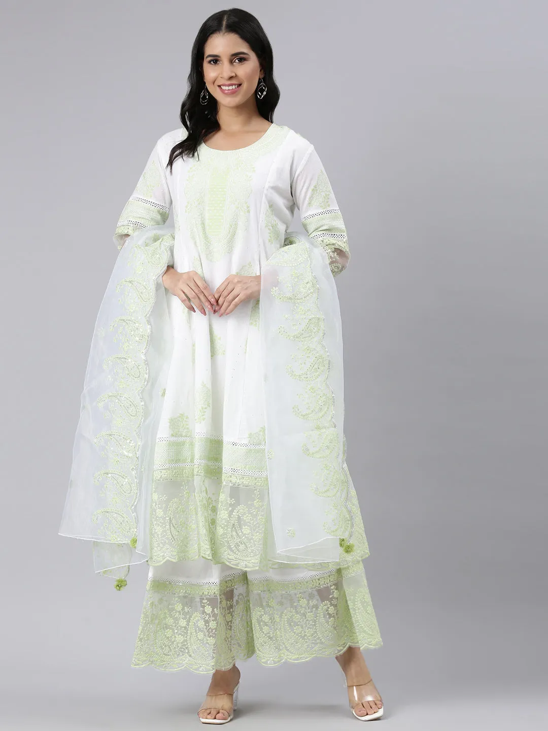 Neerus Green Panelled Straight Embroidered Kurta and Palazzos With Dupatta