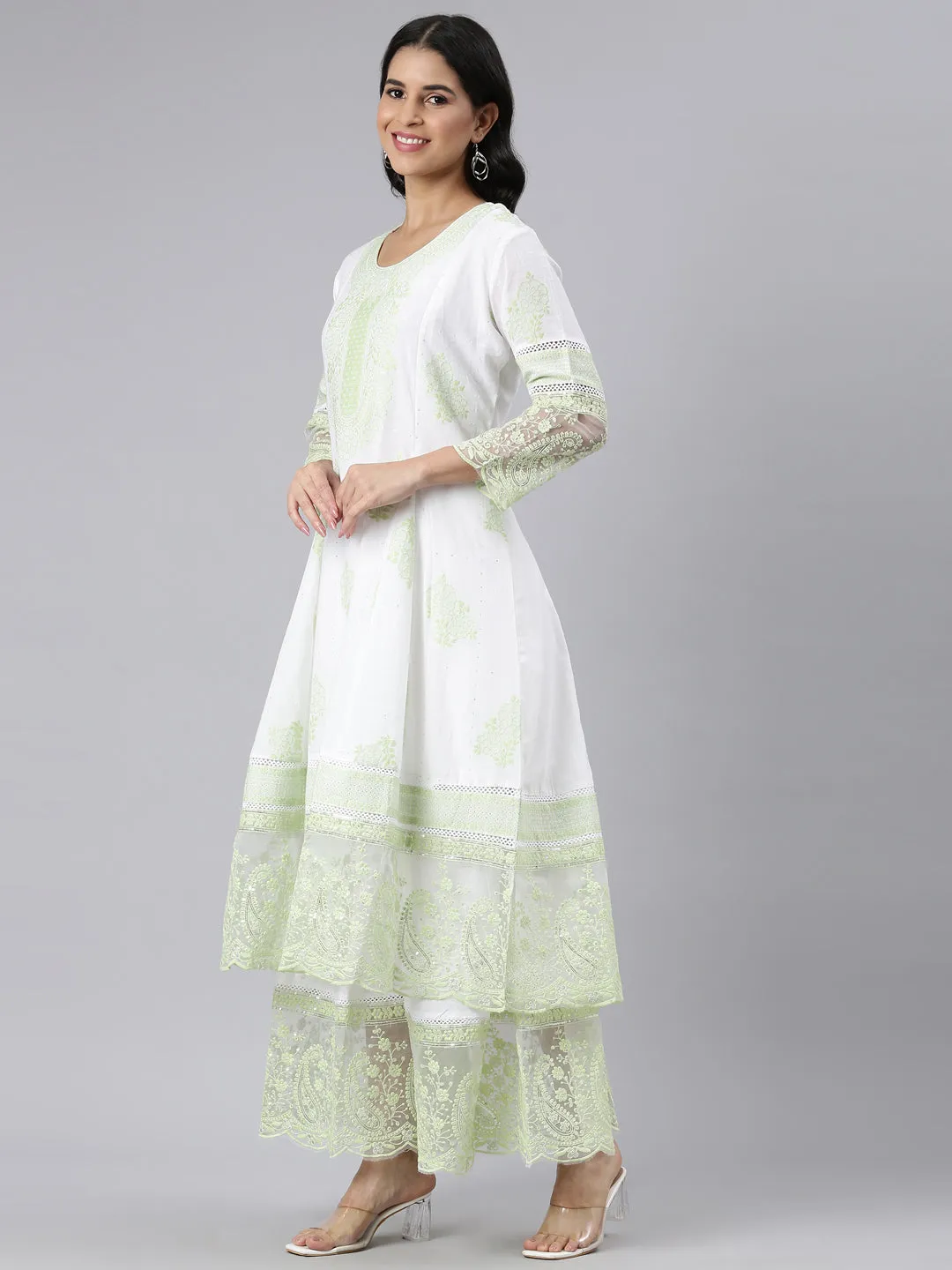 Neerus Green Panelled Straight Embroidered Kurta and Palazzos With Dupatta