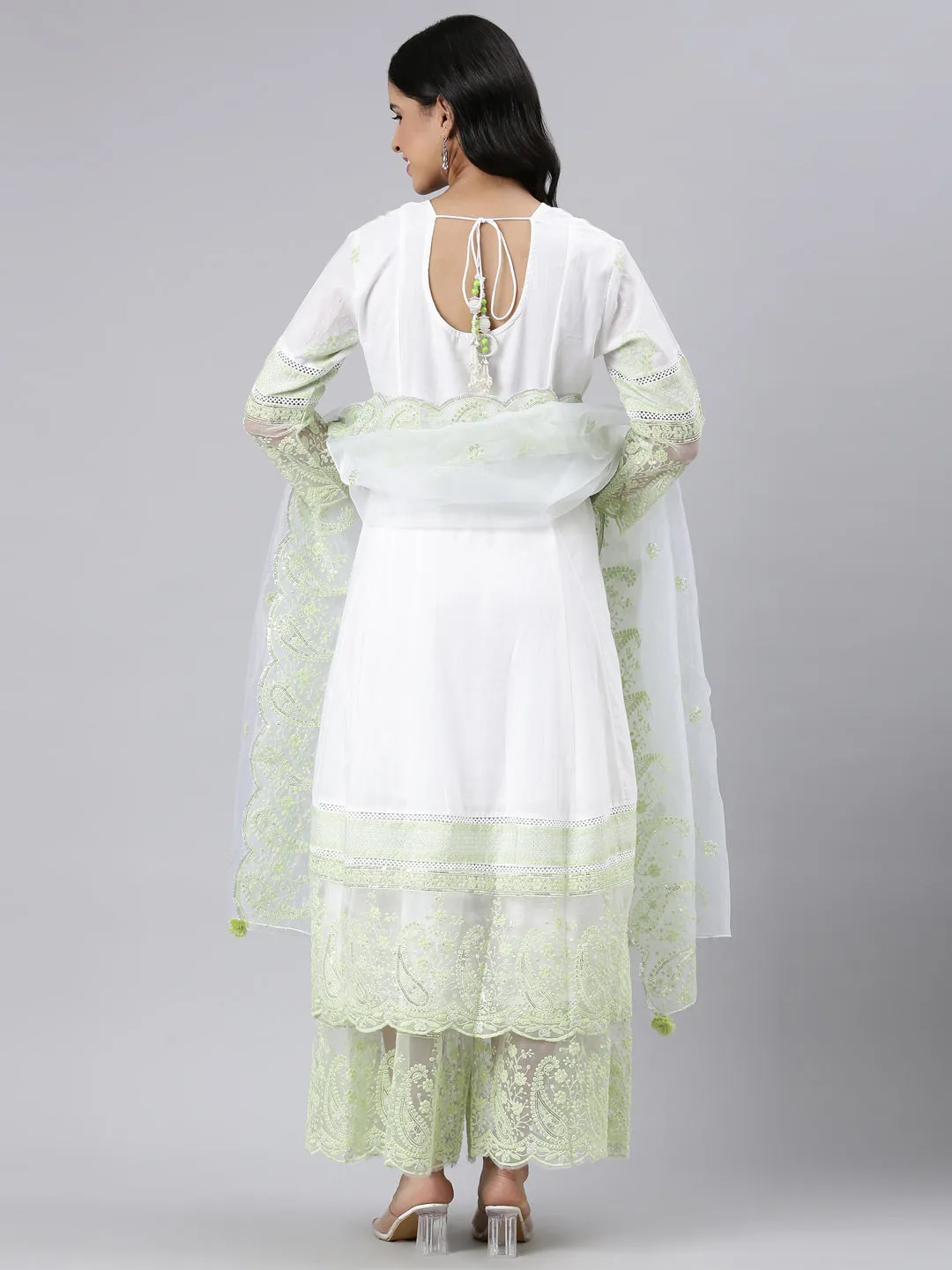 Neerus Green Panelled Straight Embroidered Kurta and Palazzos With Dupatta