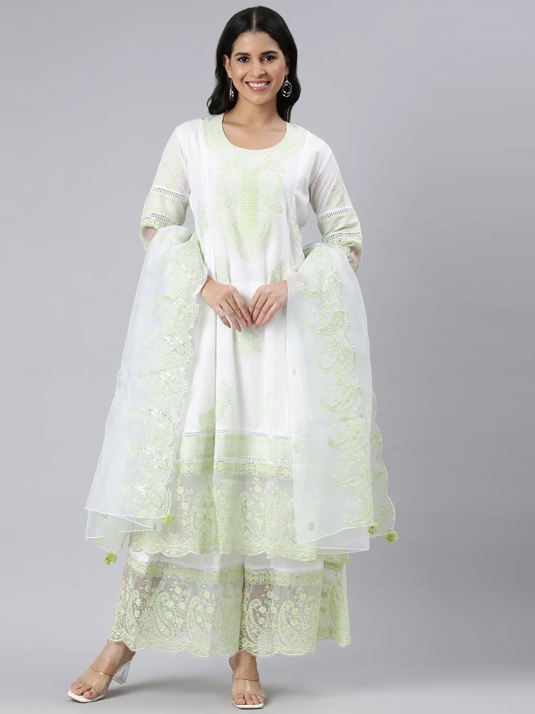 Neerus Green Panelled Straight Embroidered Kurta and Palazzos With Dupatta