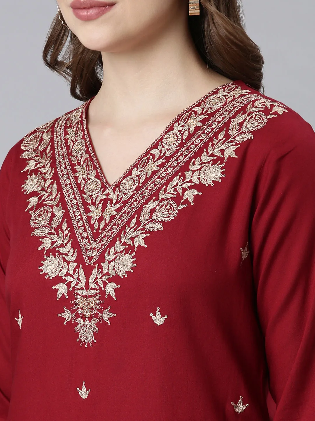 Neerus Maroon Panelled Straight Ethnic Motifs Kurta And Churidar With Dupatta