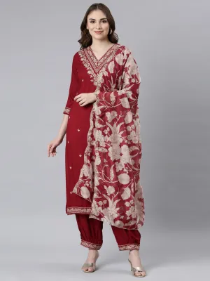 Neerus Maroon Panelled Straight Ethnic Motifs Kurta And Churidar With Dupatta