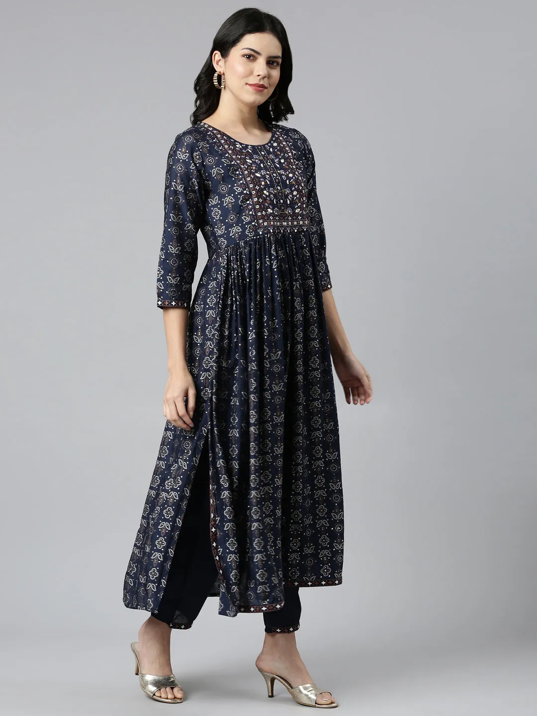 Neeru's Navy Blue Pleated Straight Printed Readymade suits