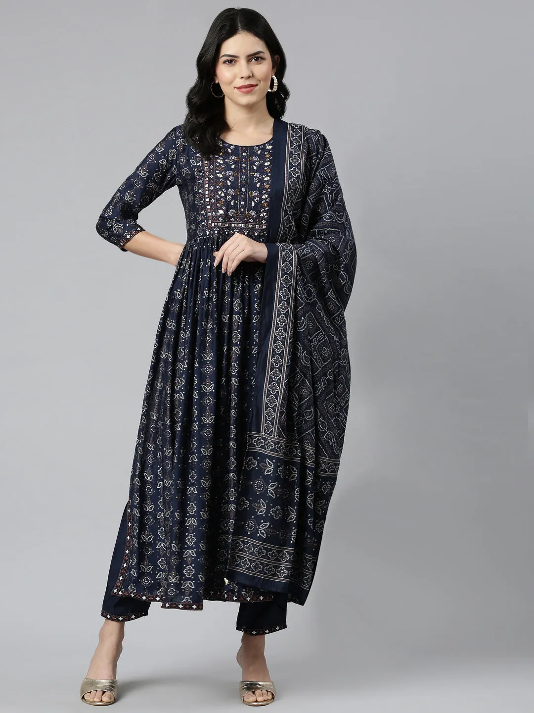 Neeru's Navy Blue Pleated Straight Printed Readymade suits