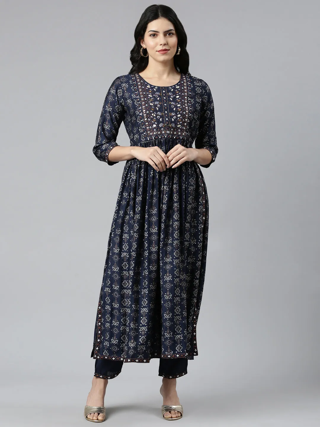 Neeru's Navy Blue Pleated Straight Printed Readymade suits