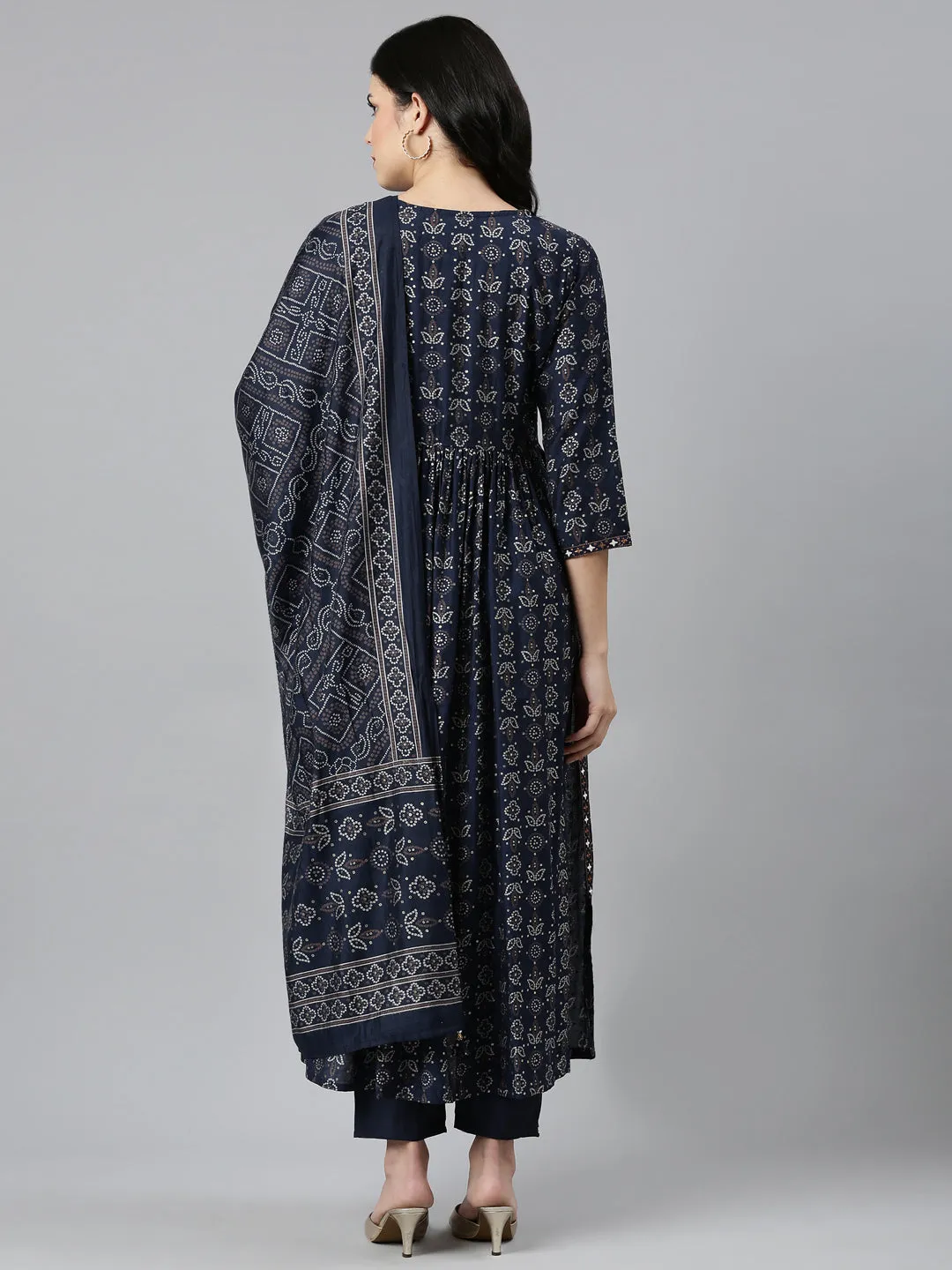 Neeru's Navy Blue Pleated Straight Printed Readymade suits