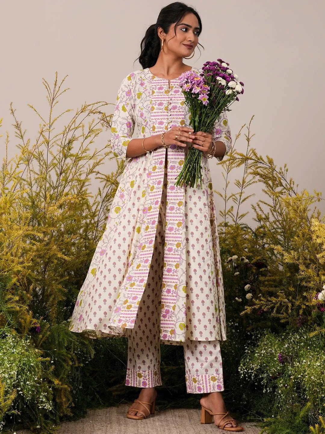 Off White Printed Cotton A-Line Kurta With Trousers