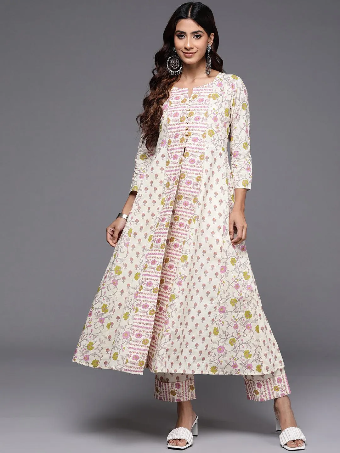 Off White Printed Cotton A-Line Kurta With Trousers