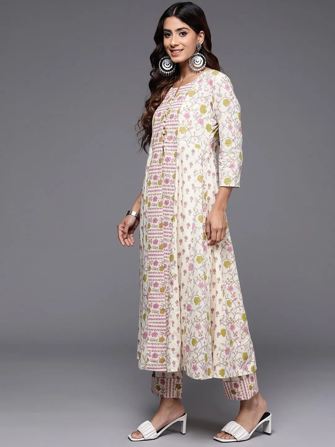 Off White Printed Cotton A-Line Kurta With Trousers