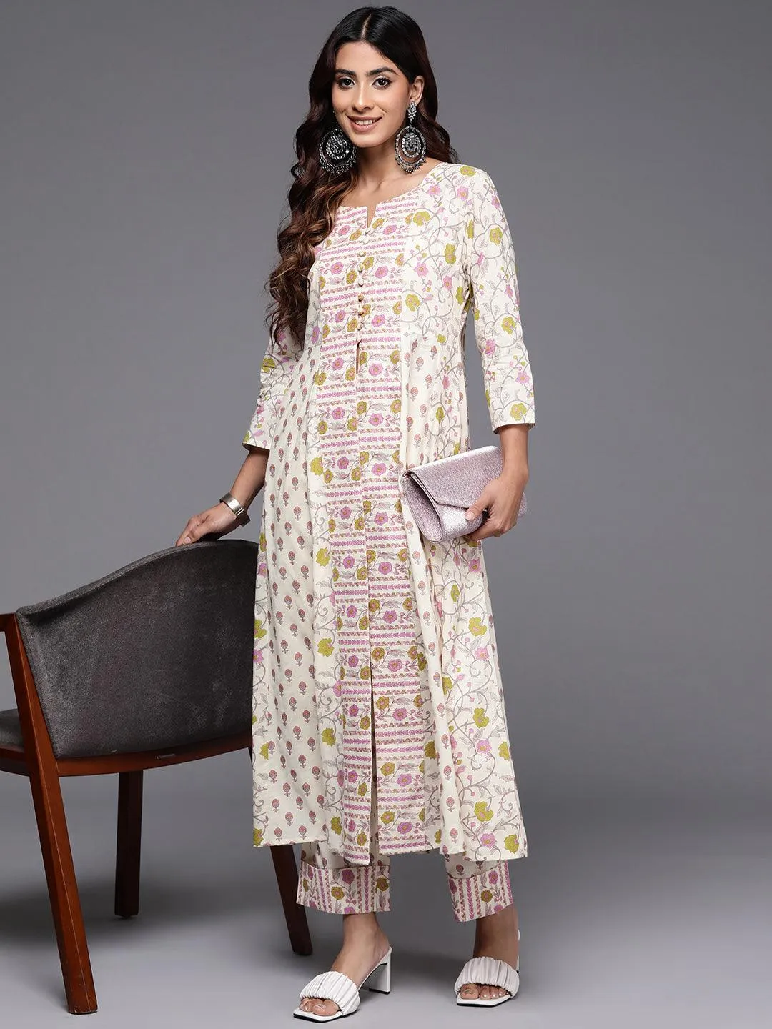 Off White Printed Cotton A-Line Kurta With Trousers