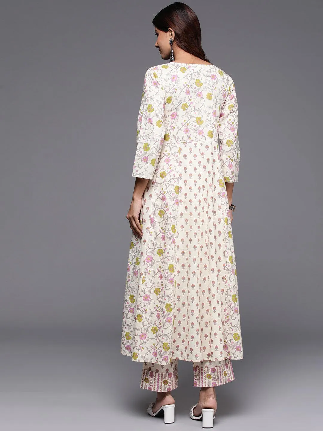 Off White Printed Cotton A-Line Kurta With Trousers