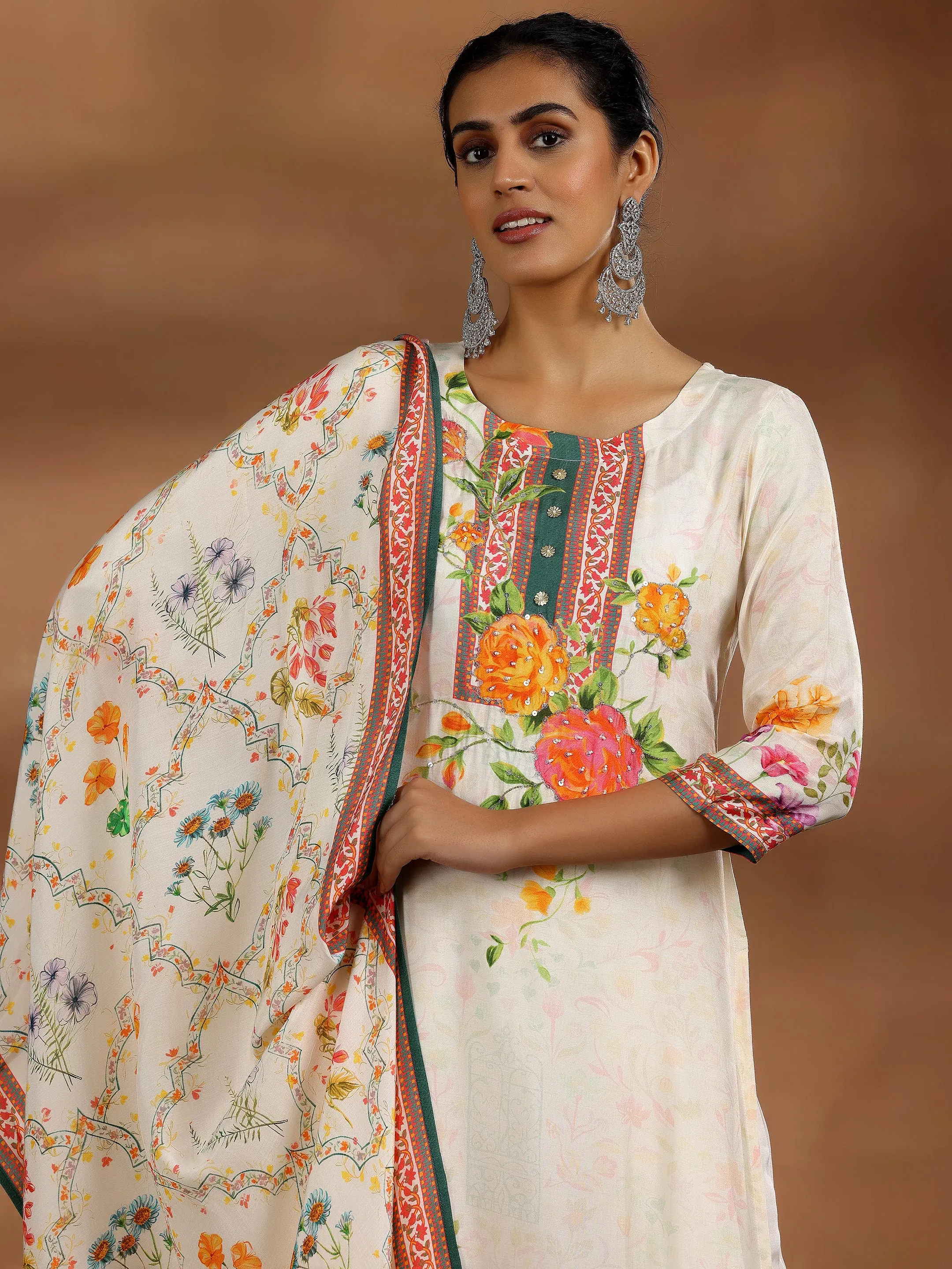 Off White Printed Cotton Blend Straight Suit With Dupatta