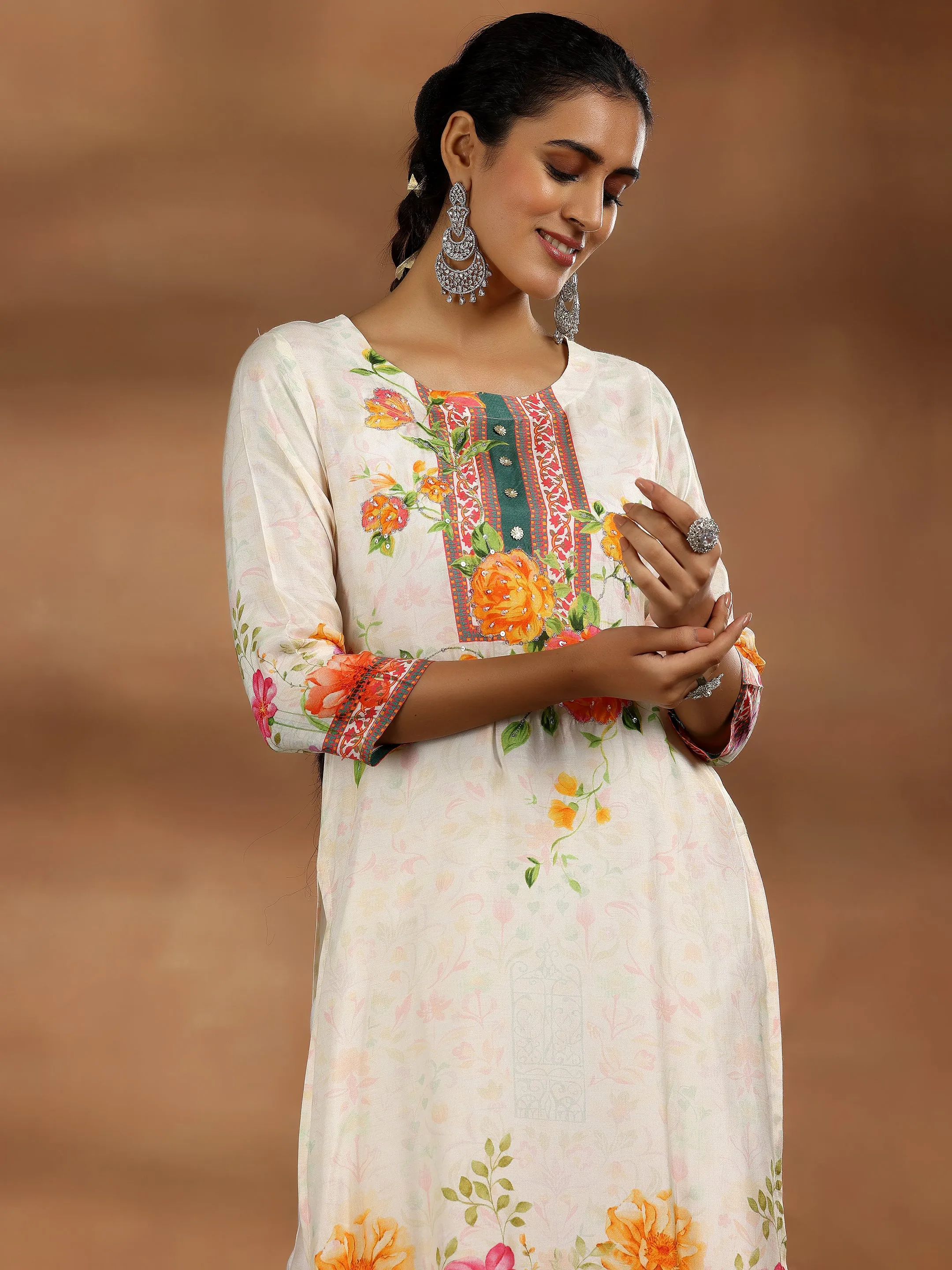 Off White Printed Cotton Blend Straight Suit With Dupatta