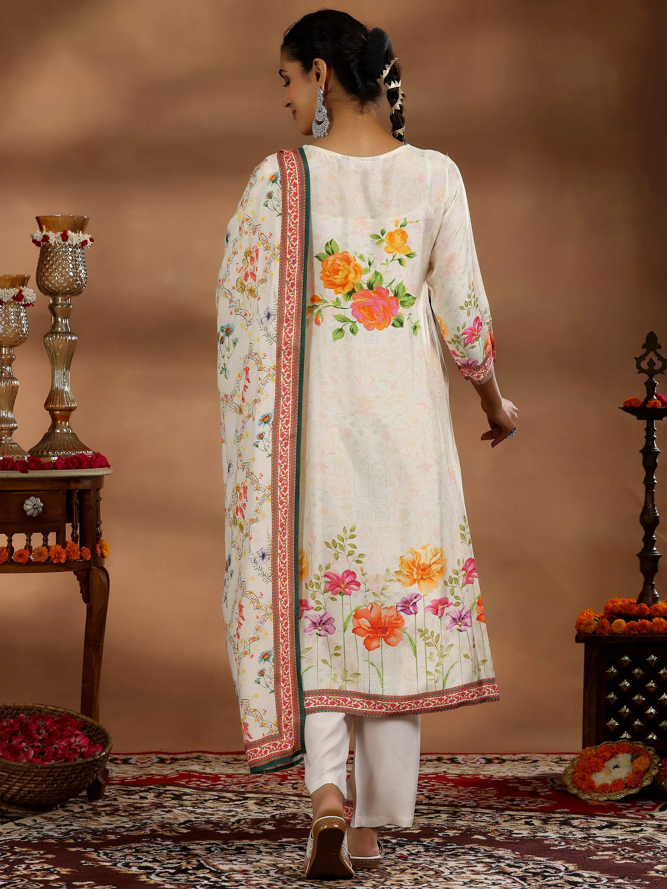 Off White Printed Cotton Blend Straight Suit With Dupatta