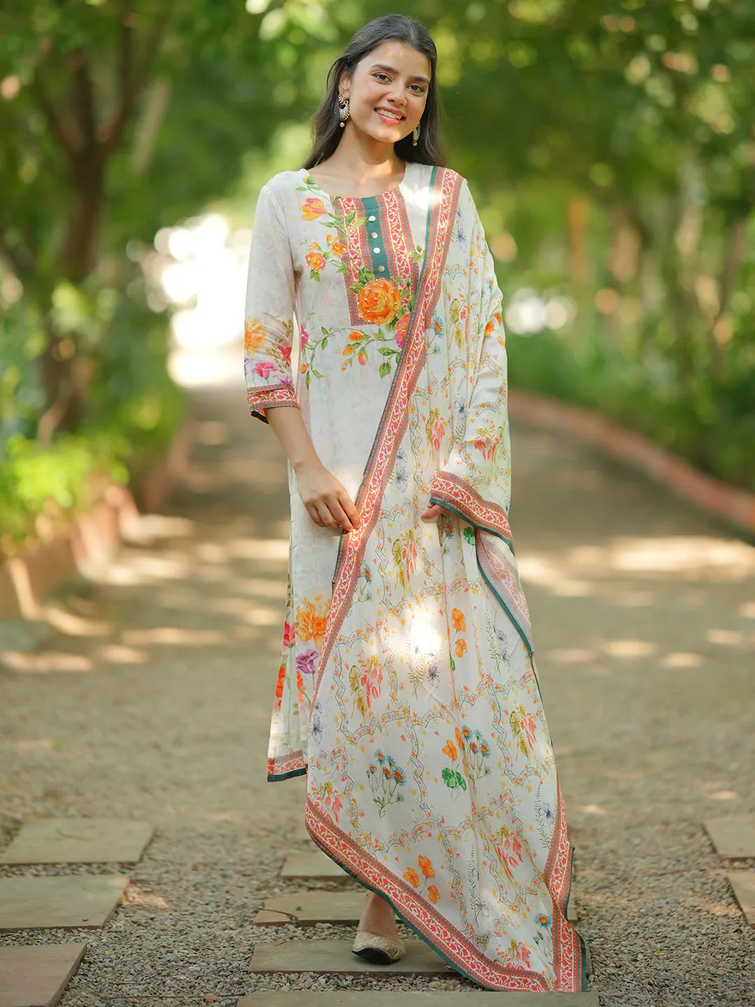 Off White Printed Cotton Blend Straight Suit With Dupatta