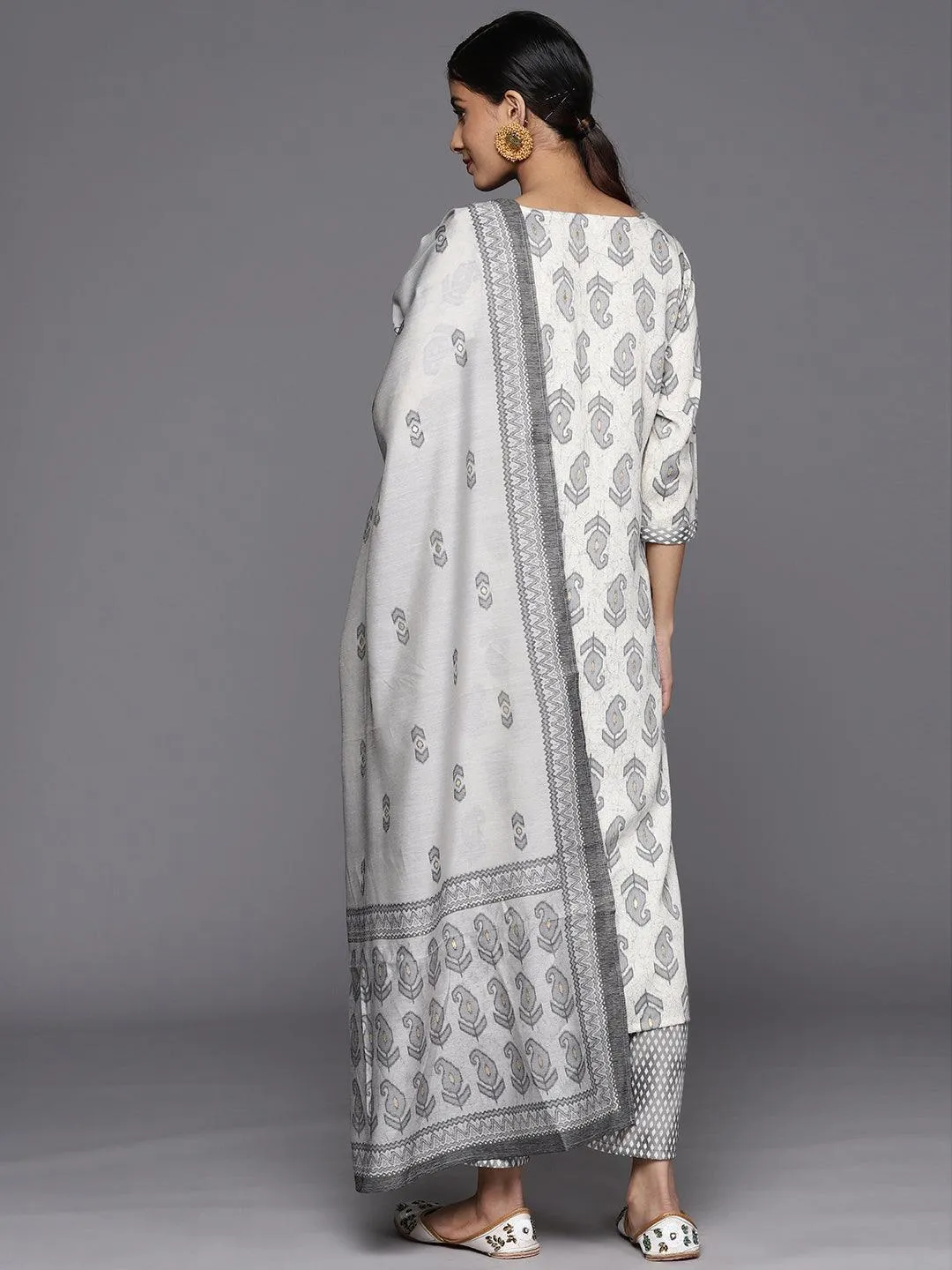 Off-White Printed Rayon Straight Kurta With Trousers & Dupatta