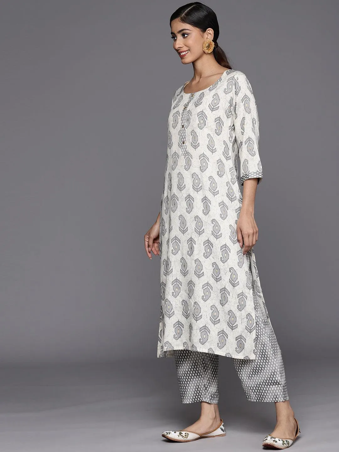 Off-White Printed Rayon Straight Kurta With Trousers & Dupatta