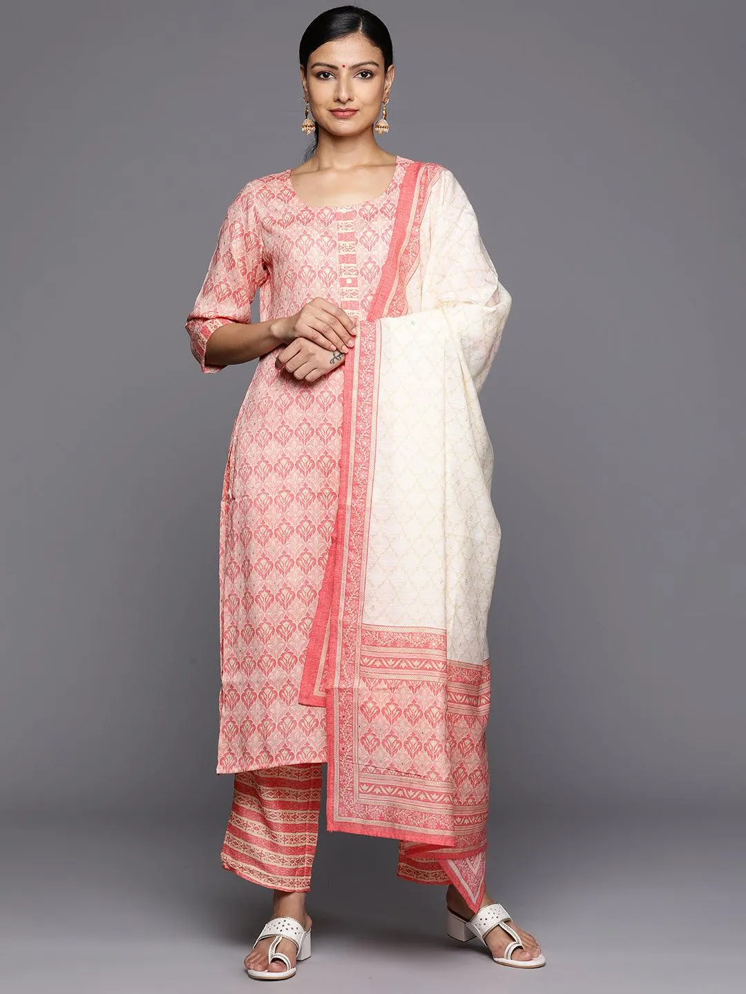 Pink Printed Rayon Straight Kurta With Trousers & Dupatta