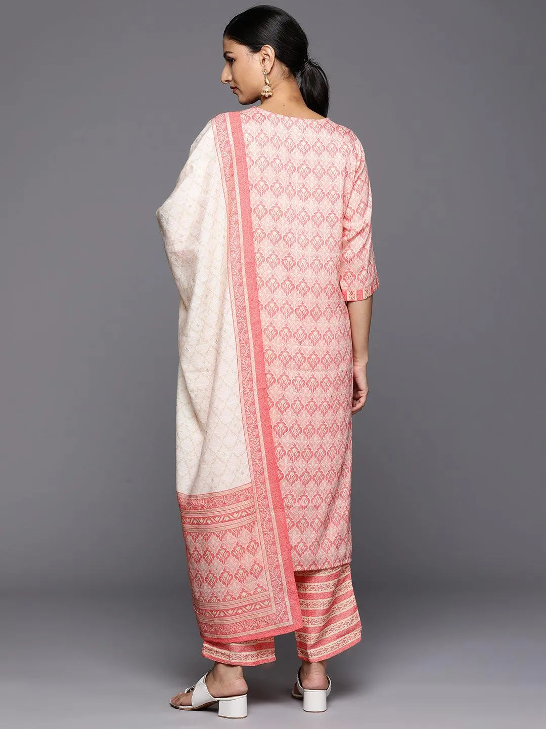 Pink Printed Rayon Straight Kurta With Trousers & Dupatta