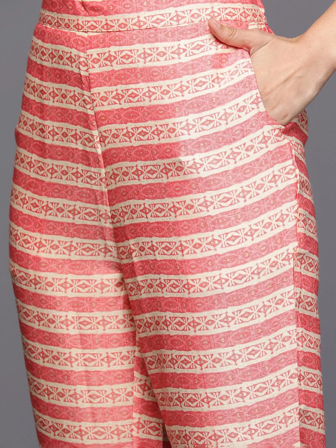 Pink Printed Rayon Straight Kurta With Trousers & Dupatta