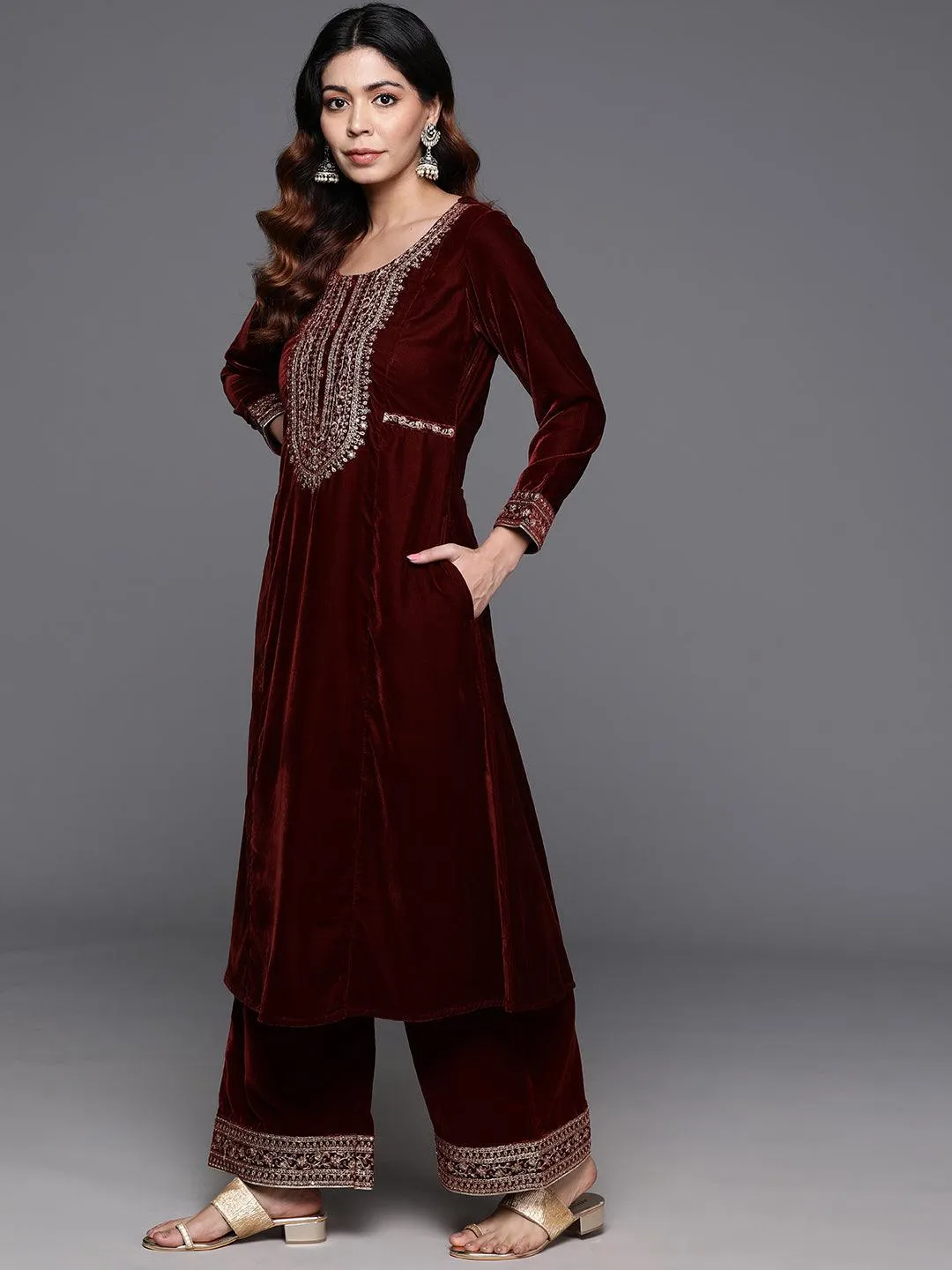 Rust Yoke Design Velvet A-Line Kurta With Palazzos & Dupatta