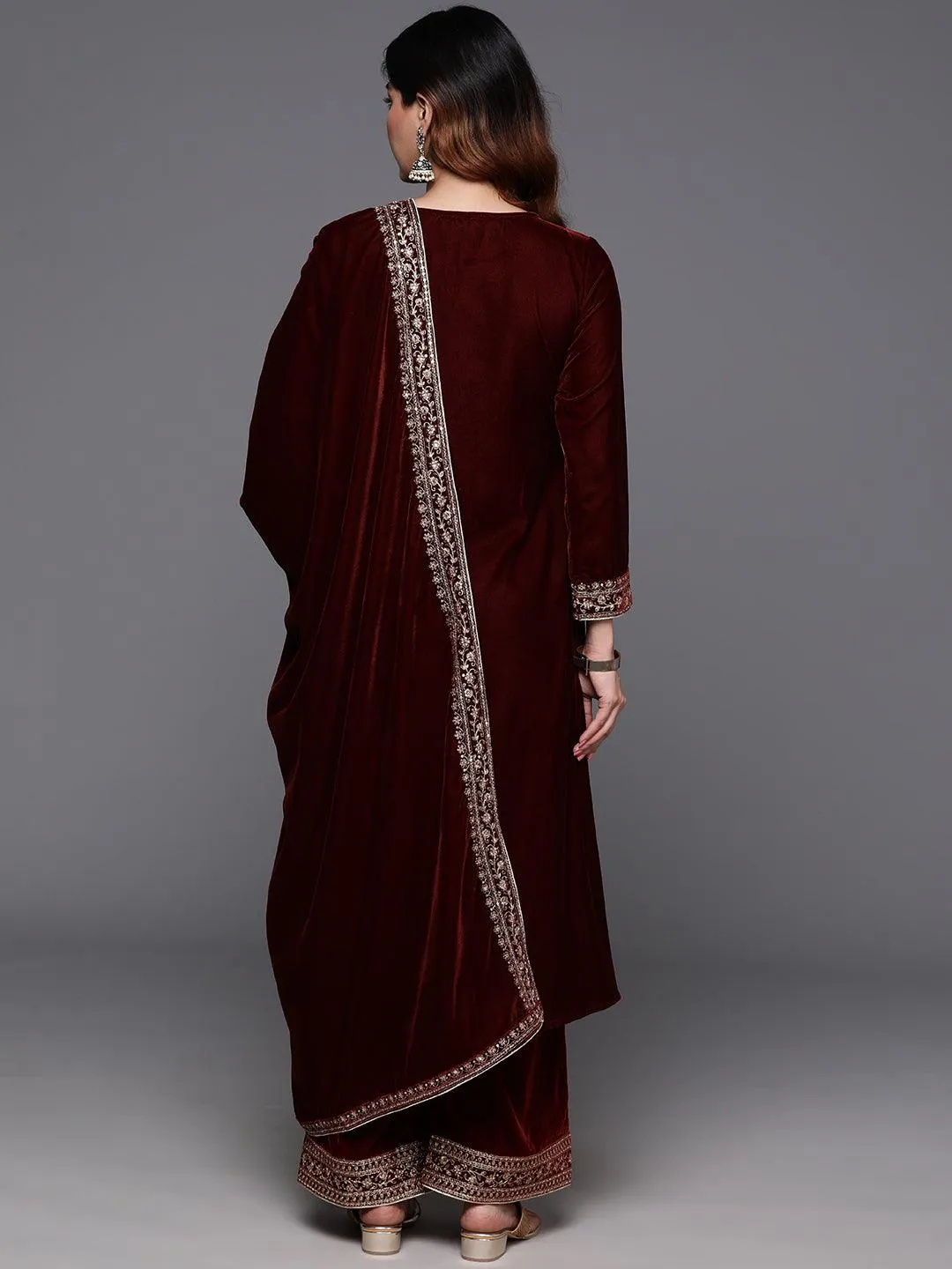 Rust Yoke Design Velvet A-Line Kurta With Palazzos & Dupatta