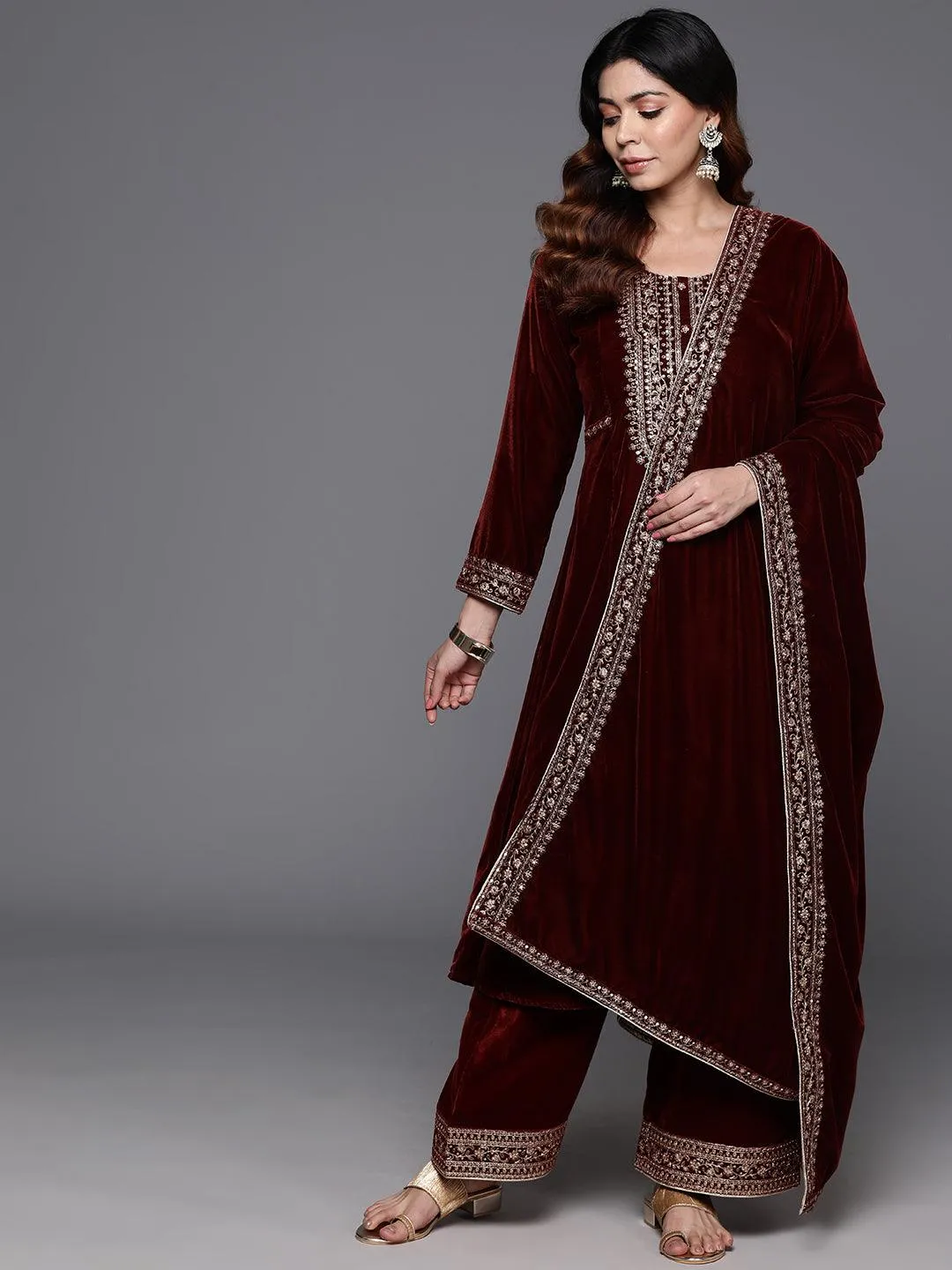 Rust Yoke Design Velvet A-Line Kurta With Palazzos & Dupatta