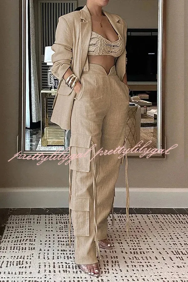 Stylish Lapel Long Sleeve Loose Jacket and Casual Pocket Lace-up Straight Leg Pants Set