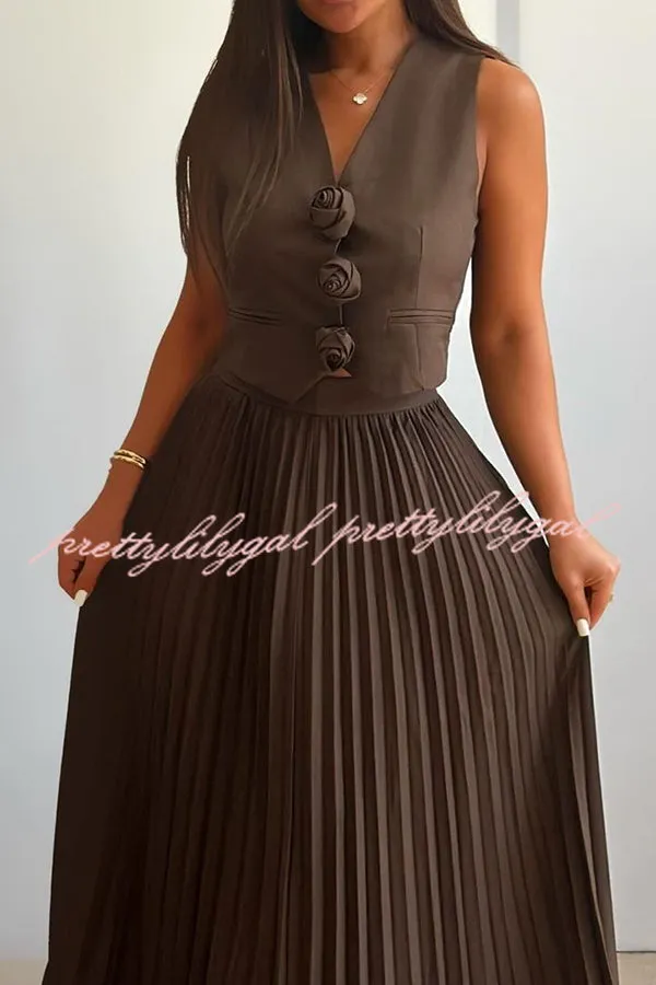 Stylish Rosette Sleeveless Tank Top and Pleated Maxi Skirt Set