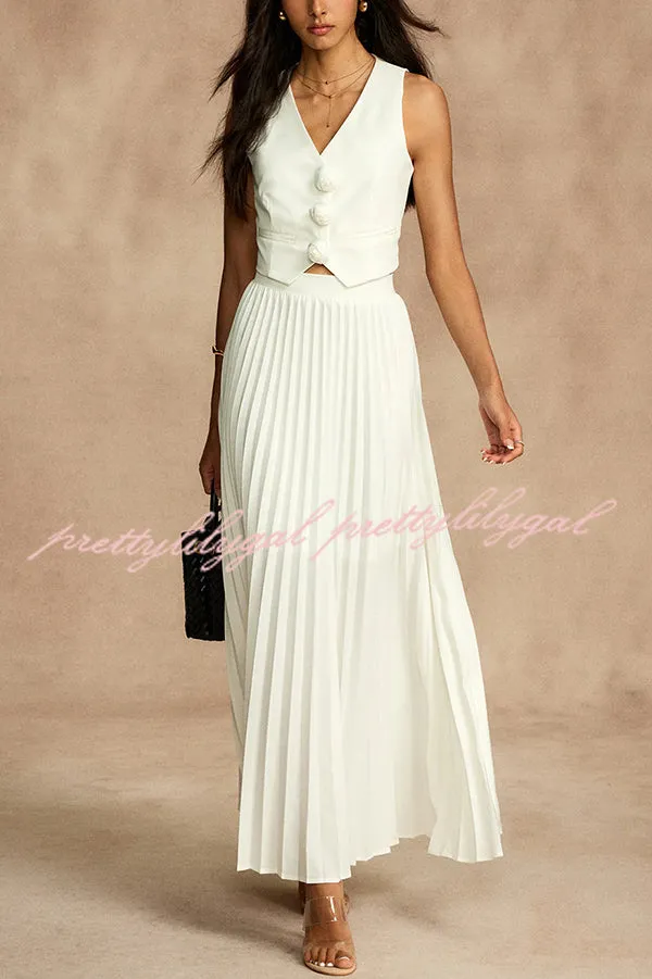 Stylish Rosette Sleeveless Tank Top and Pleated Maxi Skirt Set