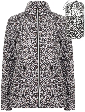 Syros Leopard Print Light Packaway Funnel Neck Quilted Jacket in Stone - Tokyo Laundry